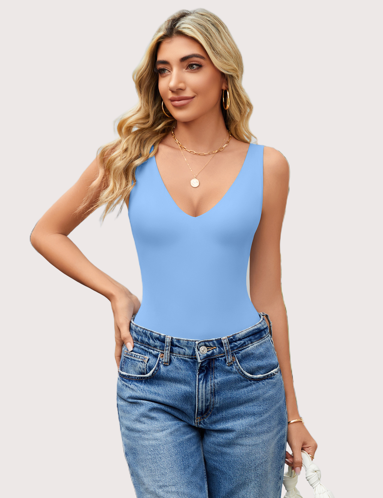 Double-lined bodysuit leotard in light blue, deep V neck, fitted sleeveless style