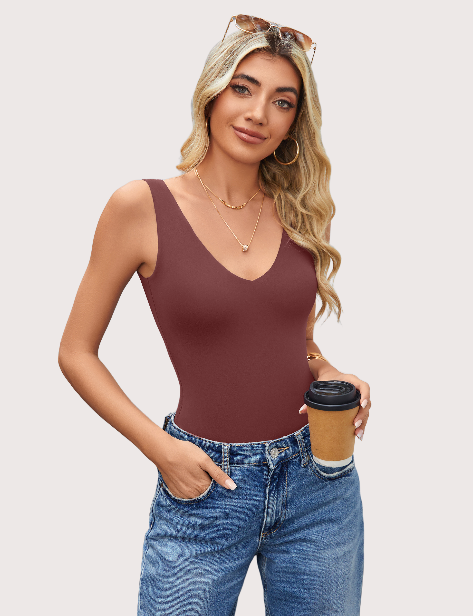 Double-lined bodysuit leotard in dark maroon, deep V neck, high-cut leg openings