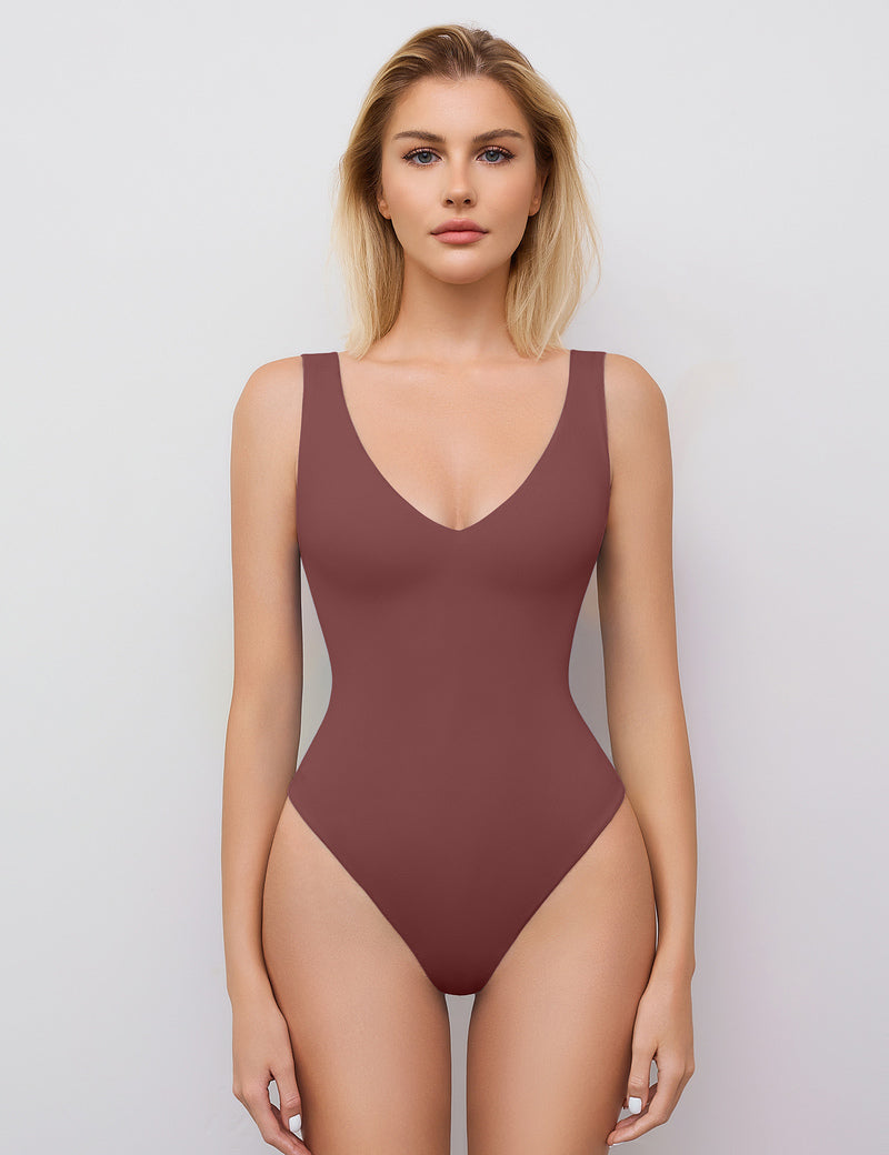 Double-lined bodysuit leotard in dark maroon, deep V neck, fitted sleeveless front