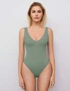 Double lined bodysuit leotard, sleeveless V-neck, green