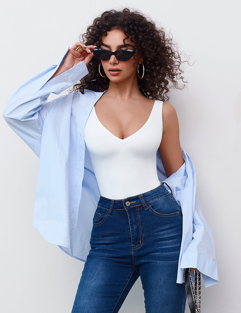 Double lined bodysuit leotard, sleeveless V-neck, white