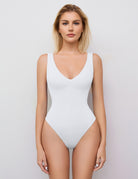 Double lined bodysuit leotard, sleeveless V-neck, white