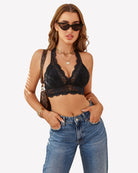 Black lace wireless bralette with scalloped V-neck and wide lace band