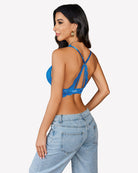 Blue lace wireless bralette, crisscross open-back straps with triangle lace detail