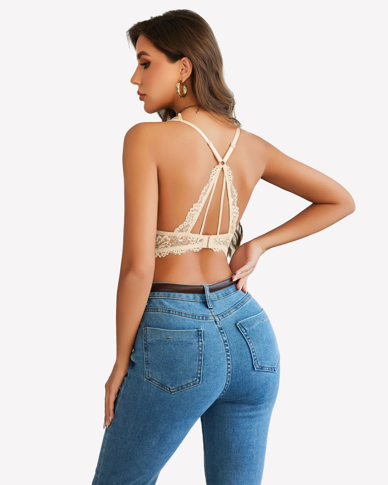 Beige lace wireless bralette, open-back with crisscross straps and lace back panel