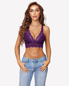 Purple lace wireless bralette with deep V-neck lace cups and scalloped lace band