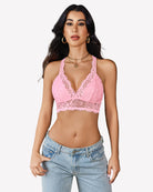 Pink lace wireless bralette with scalloped trim and V-neck lace cups