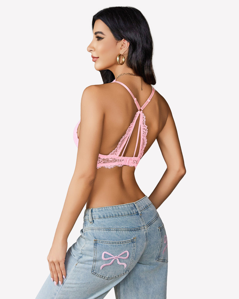 Pink lace wireless bralette with open back strap detail and lace racerback