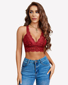 Wine red lace wireless bralette with deep V neckline and scalloped lace edges