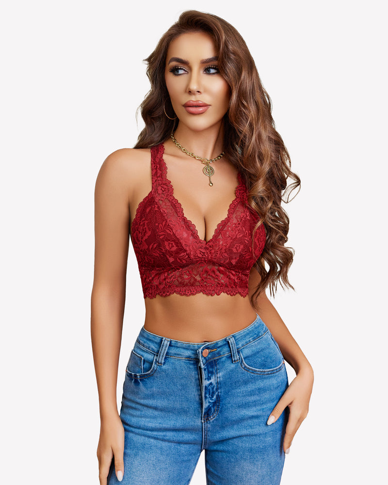 Wine red lace wireless bralette with deep V neckline and scalloped lace edges