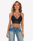 Black lace V-neck bra cami with racerback straps and scalloped lace trim