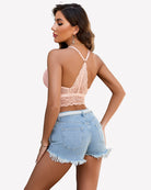 Blush pink lace bralette cami with open V-back and scalloped lace hem