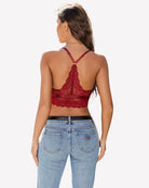 Wine red lace bralette cami with open V-back and scalloped lace hem