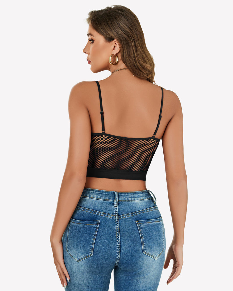Black fishnet back crop bralette with open mesh panel and thin straps