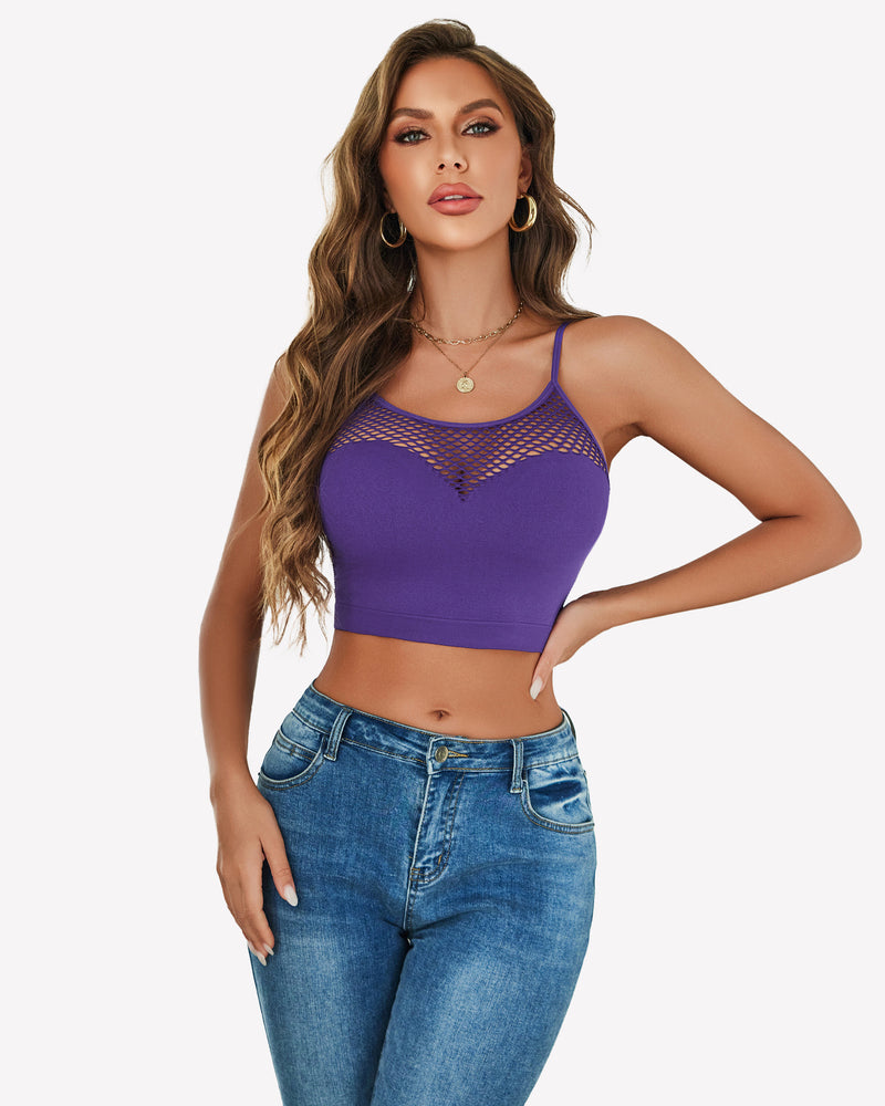 Purple fishnet crop bralette with scoop neckline and thin spaghetti straps