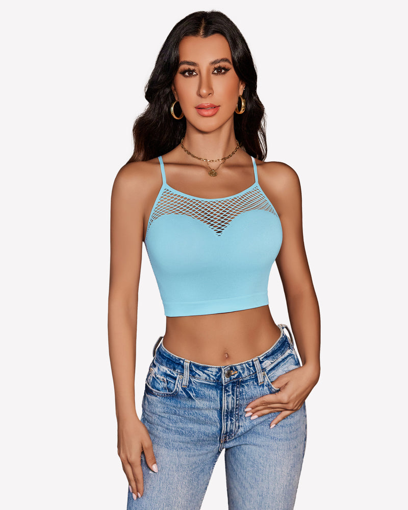 Light blue fishnet crop bralette with scoop neckline and thin spaghetti straps