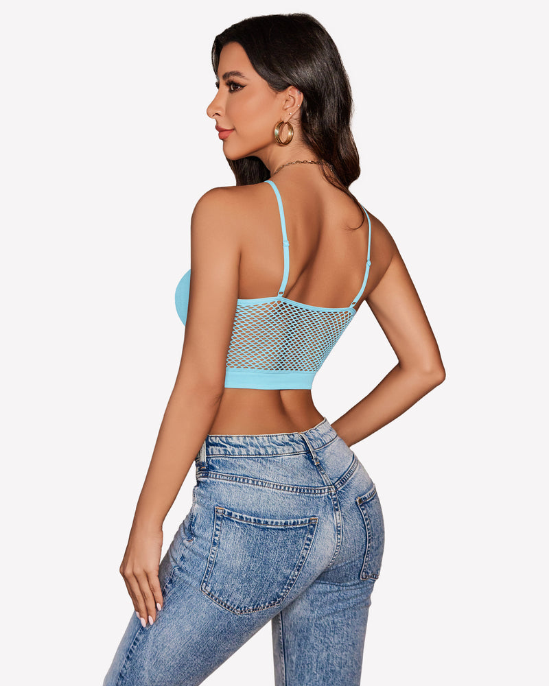 Light blue fishnet back crop bralette with open mesh panel and thin straps