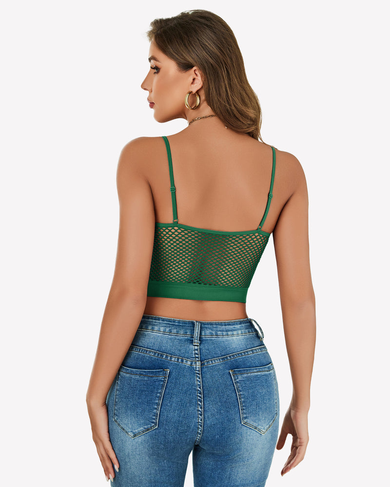 Green fishnet back crop bralette with open mesh panel and thin straps