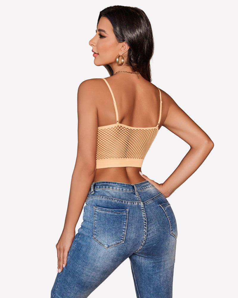 Camel fishnet back crop bralette with open mesh panel and thin straps