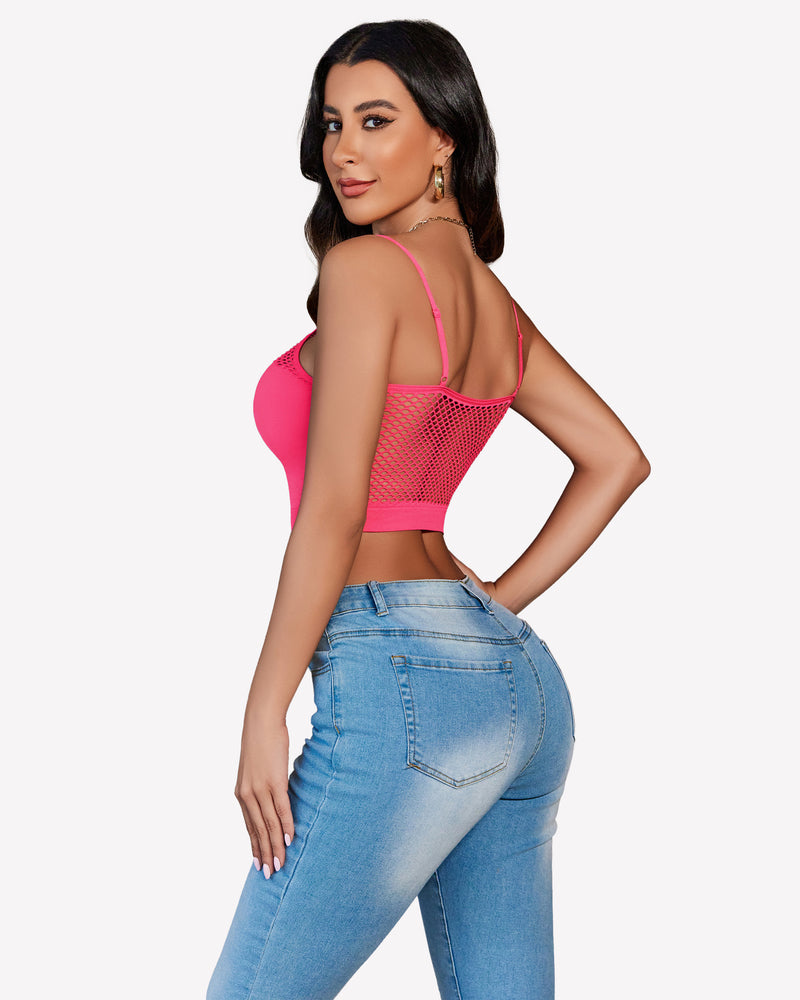 Fishnet crop bralette with spaghetti straps, lattice mesh front, fuchsia pink