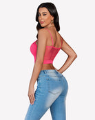 Fishnet crop bralette with spaghetti straps, lattice mesh front, fuchsia pink
