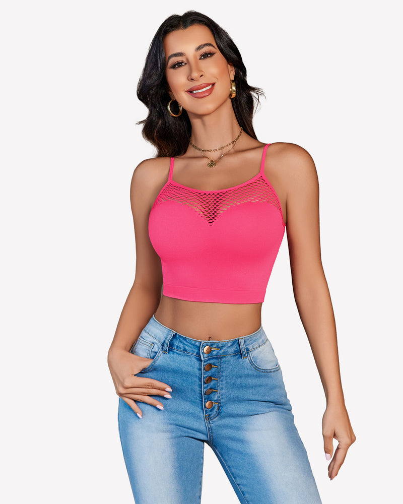 Fishnet crop bralette with spaghetti straps, open lattice top, fuchsia pink