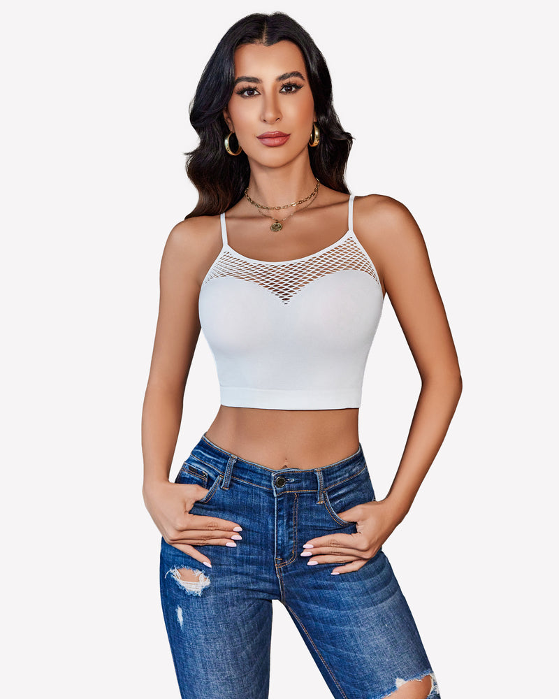 Fishnet crop bralette with spaghetti straps, white mesh lattice top and solid cups