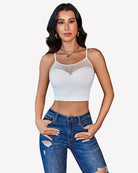 Fishnet crop bralette with spaghetti straps, white mesh lattice top and solid cups