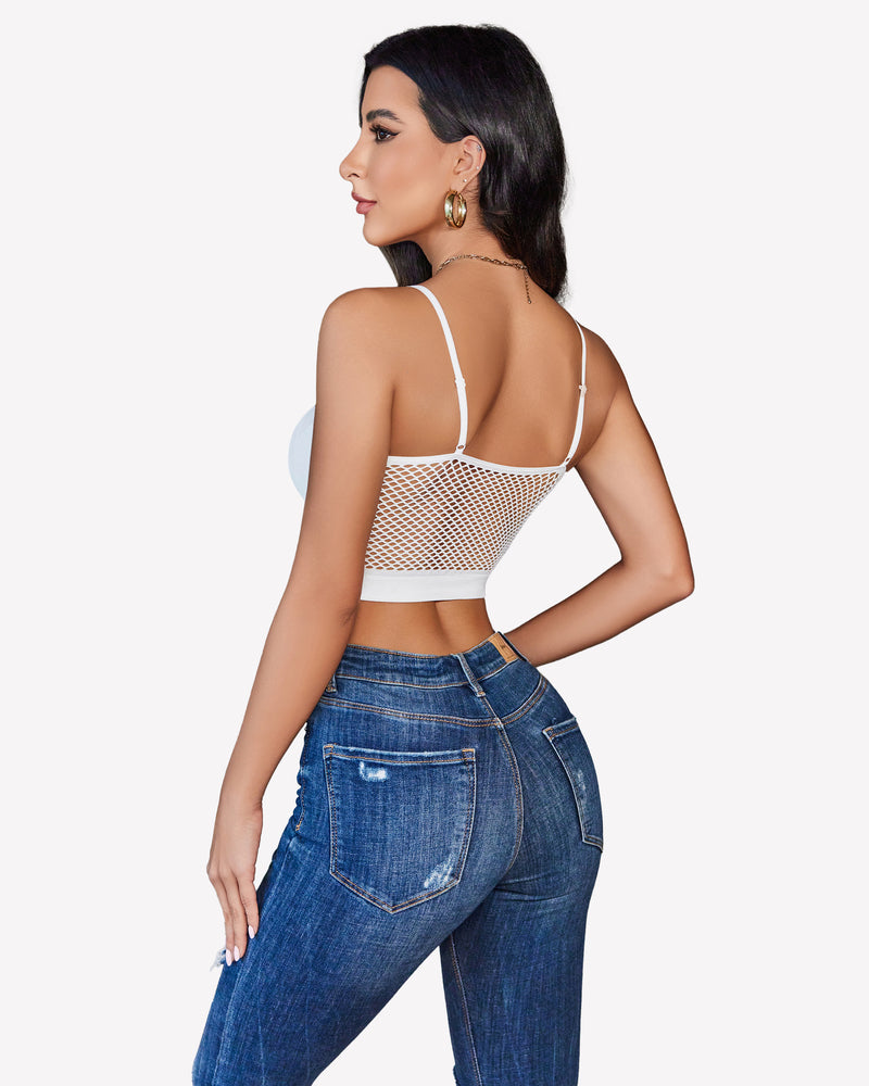 Fishnet crop bralette back view with spaghetti straps, white mesh lattice panel