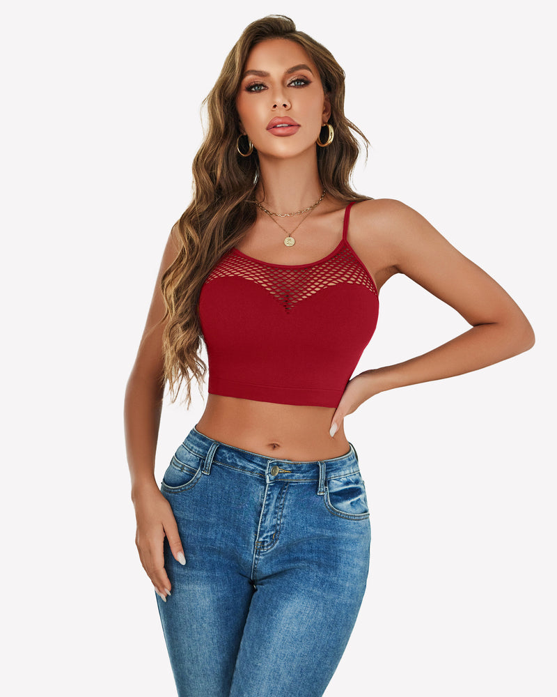 Fishnet crop bralette with spaghetti straps, red mesh lattice top, solid lower band