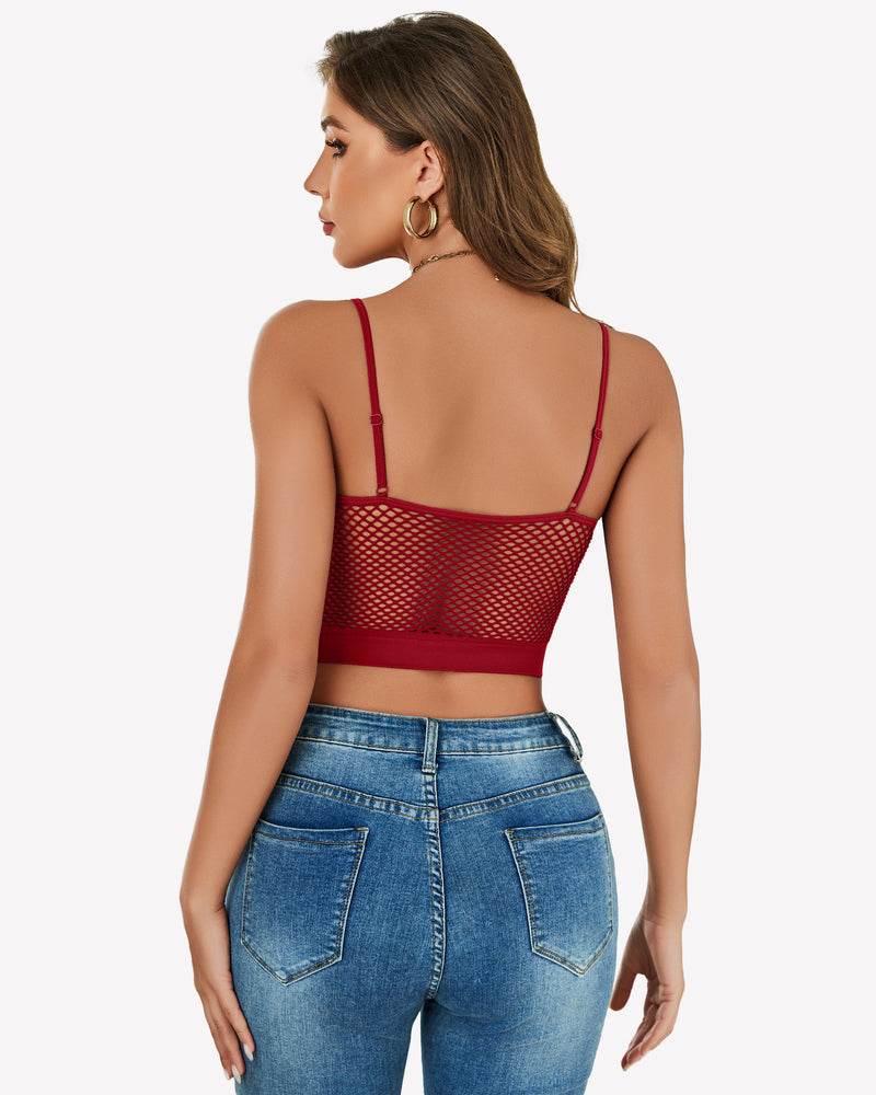 Fishnet crop bralette back view, spaghetti straps and lattice mesh panel, red