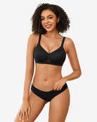 Black seamless wireless bra with smooth V-neck cups and thin adjustable straps
