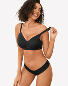 Black seamless wireless bra with plunge V-neck cups and adjustable spaghetti straps