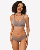 Grayish brown seamless wireless bra with smooth V-neck cups and adjustable straps
