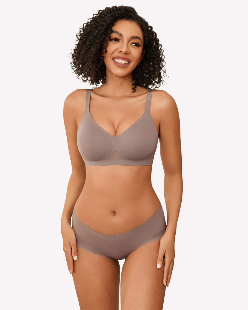 Grayish brown seamless wireless bra with smooth V-neck cups and adjustable straps