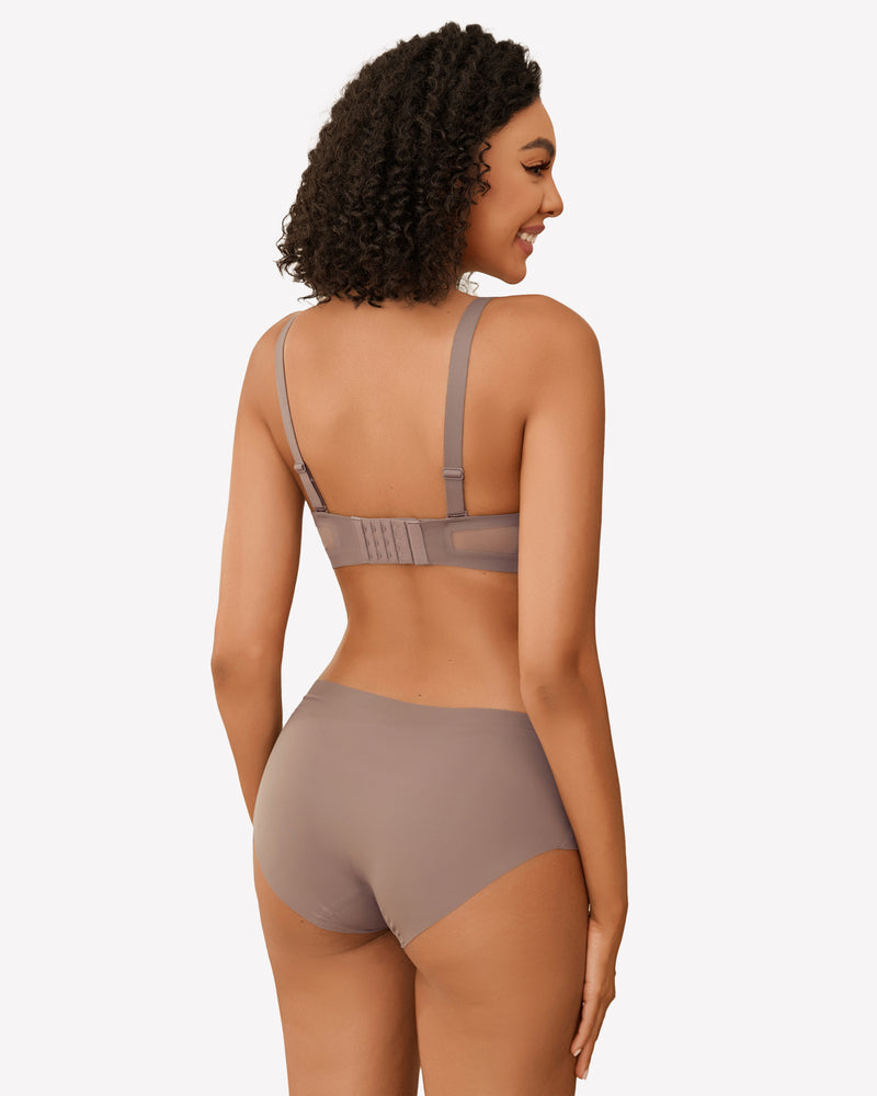 Grayish brown seamless wireless bra with adjustable straps, rear view