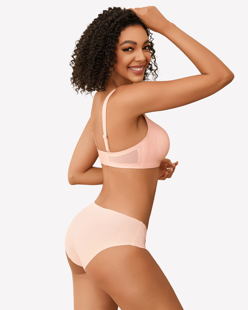 Light pink seamless wireless bra with sheer-look cups and adjustable straps