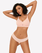 Light pink seamless wireless bra with V-neck cups and adjustable straps