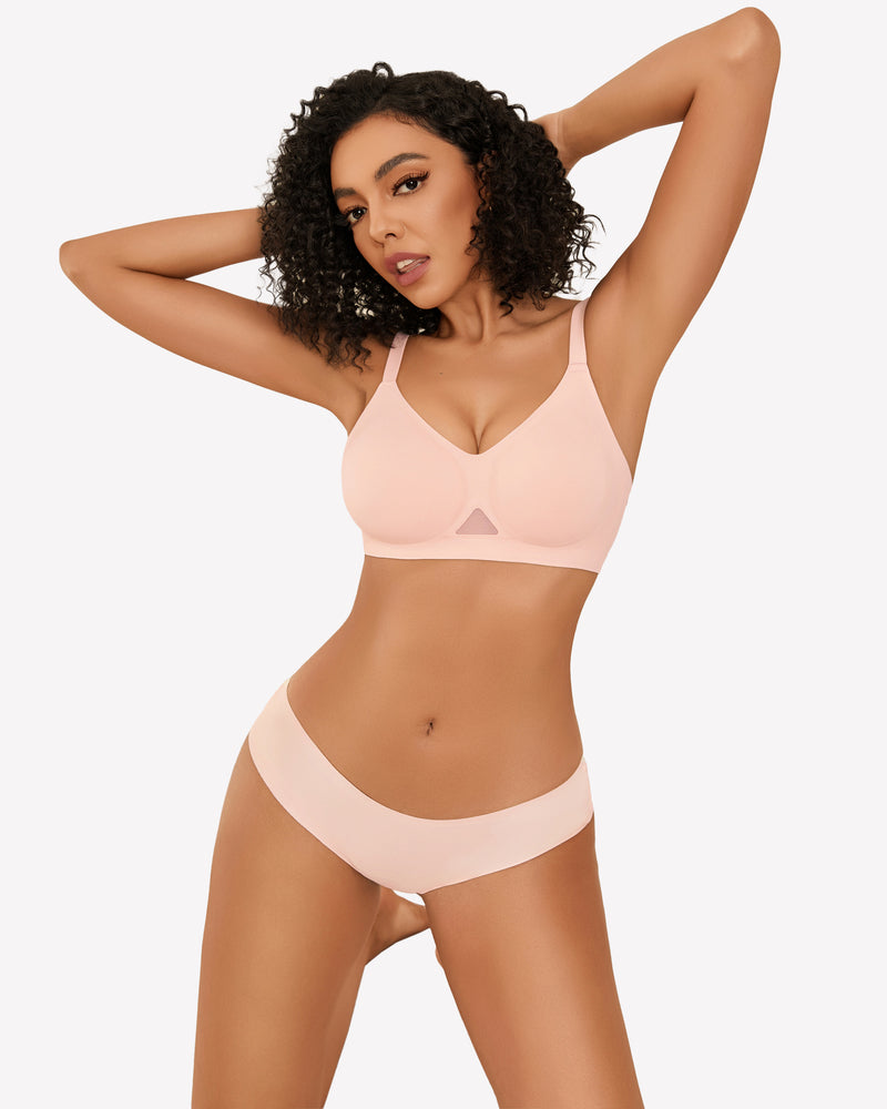 Light pink seamless wireless bra with V-neck cups and adjustable straps