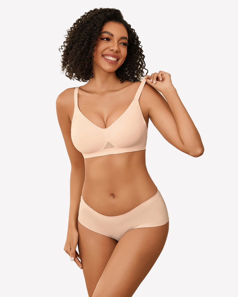 Nude seamless wireless bra with smooth V-neck cups and adjustable straps