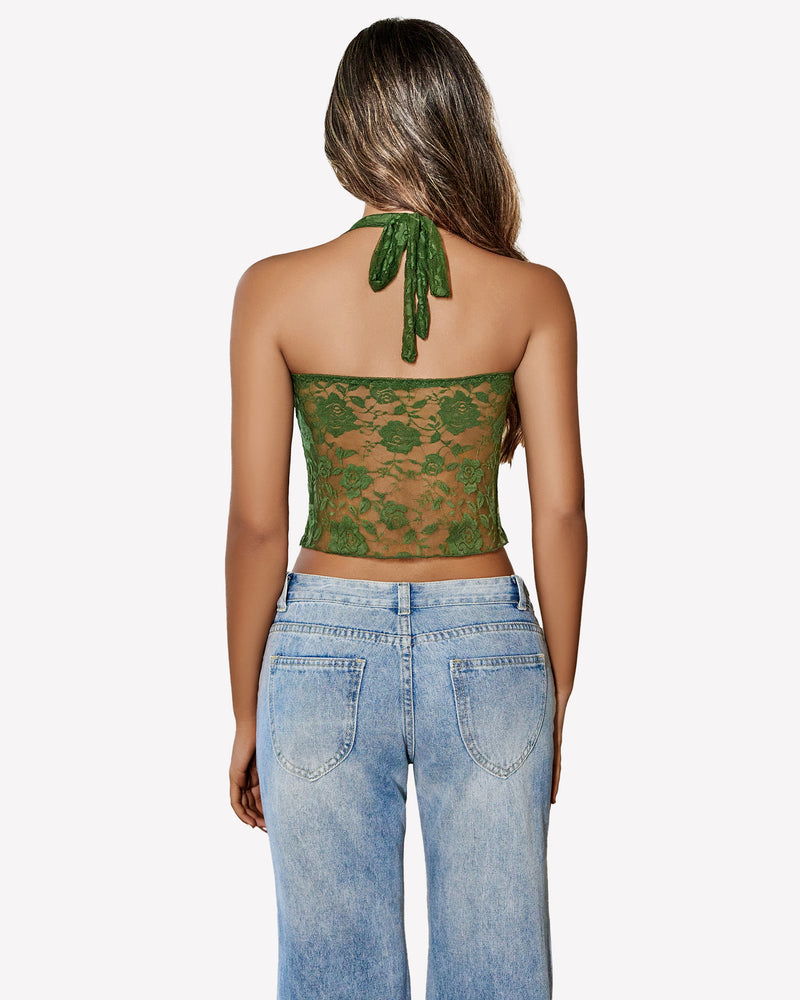 Green halter lace tank top, open-back style with tied halter strap and floral lace