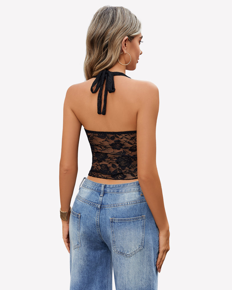Black halter lace tank top, open back with tied halter straps and floral lace