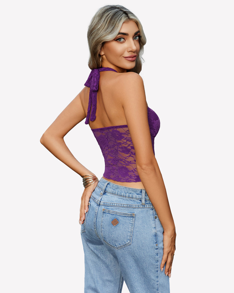 Purple halter lace tank top with tied halter straps and open-back floral lace