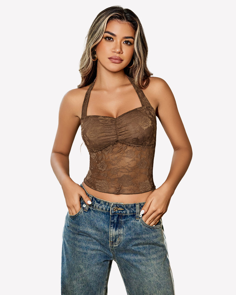 Brown halter lace tank top with ruched sweetheart bust and floral lace panel