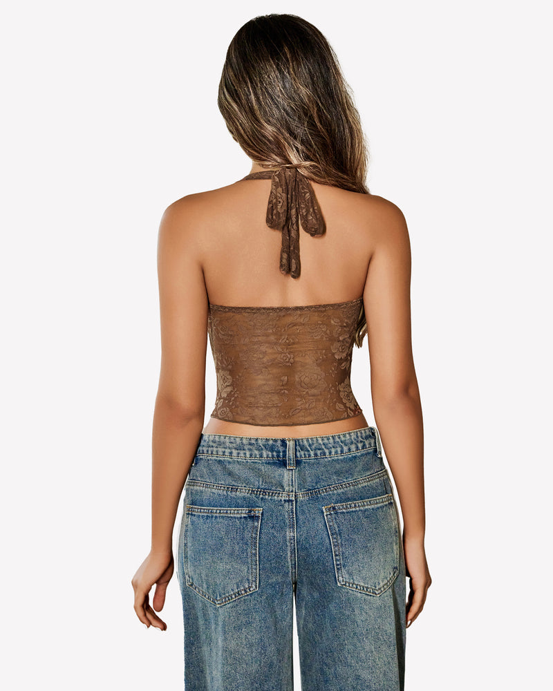 Brown halter lace tank top with tied halter strap and open-back floral lace