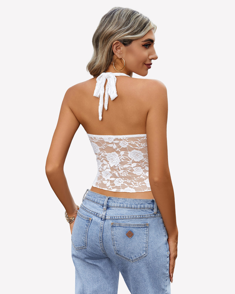 White lace halter tank top, open back with tassel bow at neckline