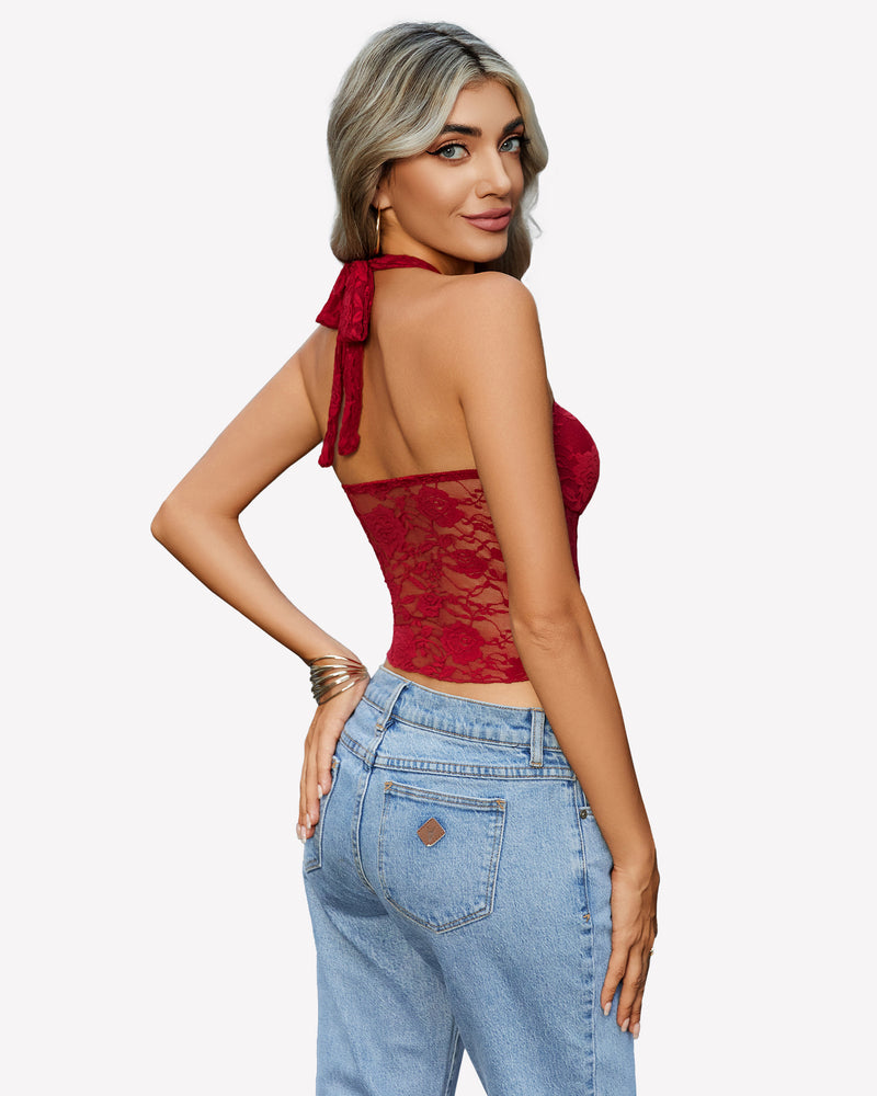 Wine red lace halter tank top, open back and tied bow at neck