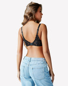 Black lace push-up bra with underwire, back view, adjustable straps