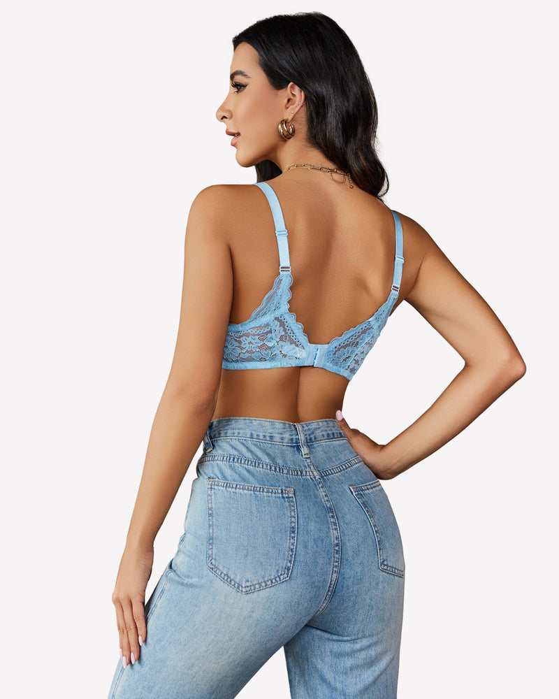 Light blue lace push-up bra with underwire, back view, adjustable straps