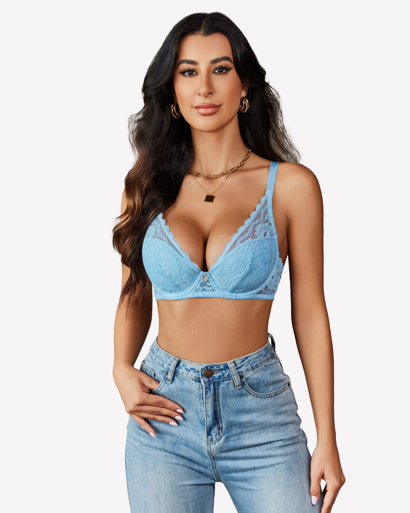Light blue lace push-up bra with underwire, scalloped cups, adjustable straps